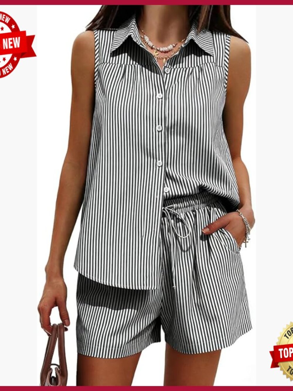 Sleeveless Button Down Top & Shorts Set, Cotton Polyester, Beach Resort Wear